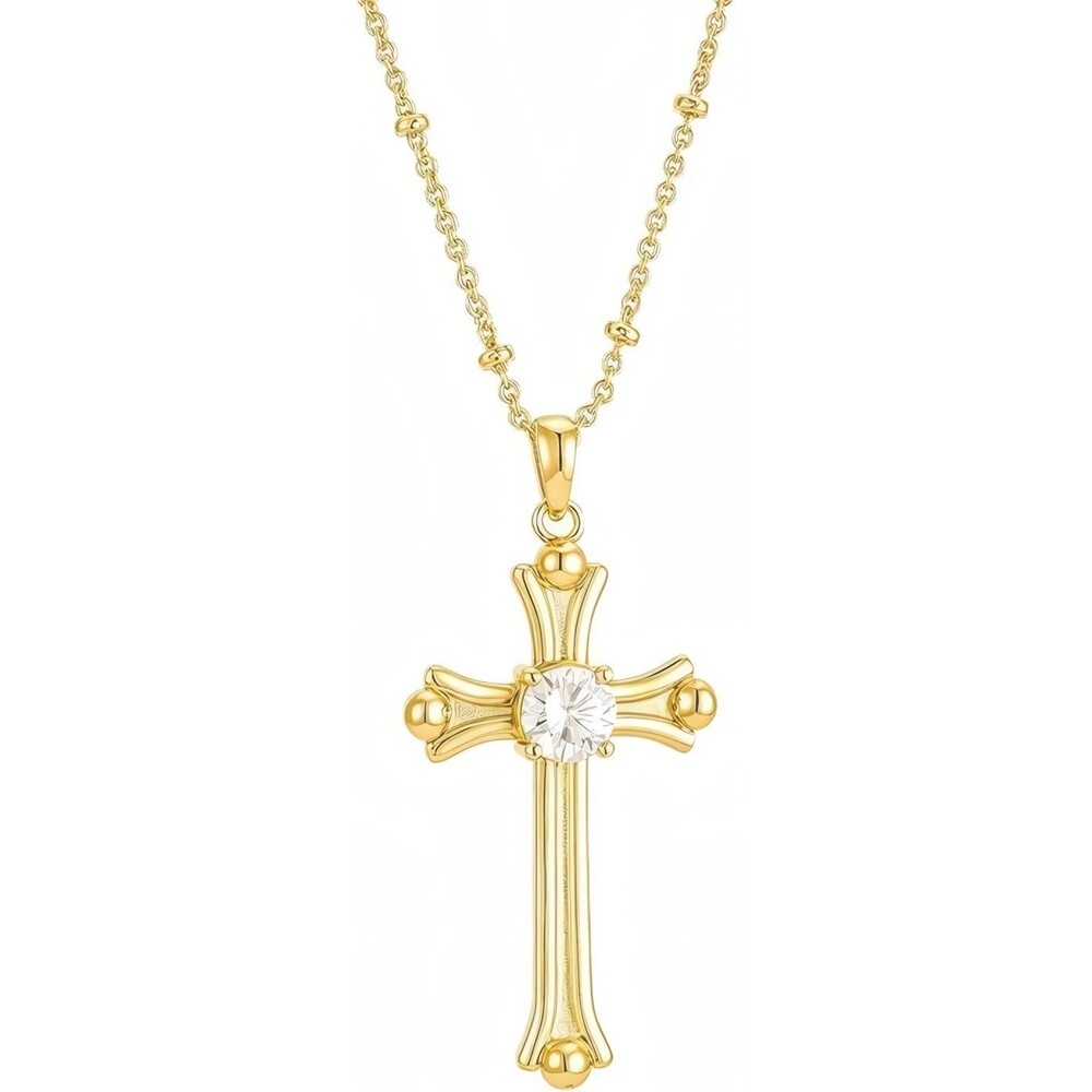 14K Gold Plated Cross Pendant Necklace Clear CZ Solitaire 16-18 Inch for Women